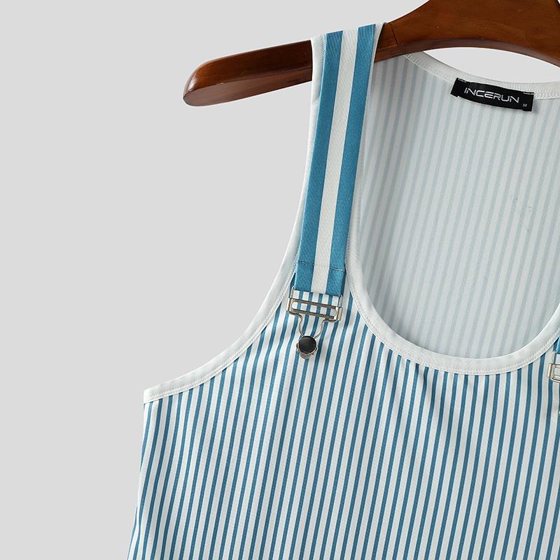 INCERUN Men Strap Sleeveless Striped Print Casual Fitted Tank Tops