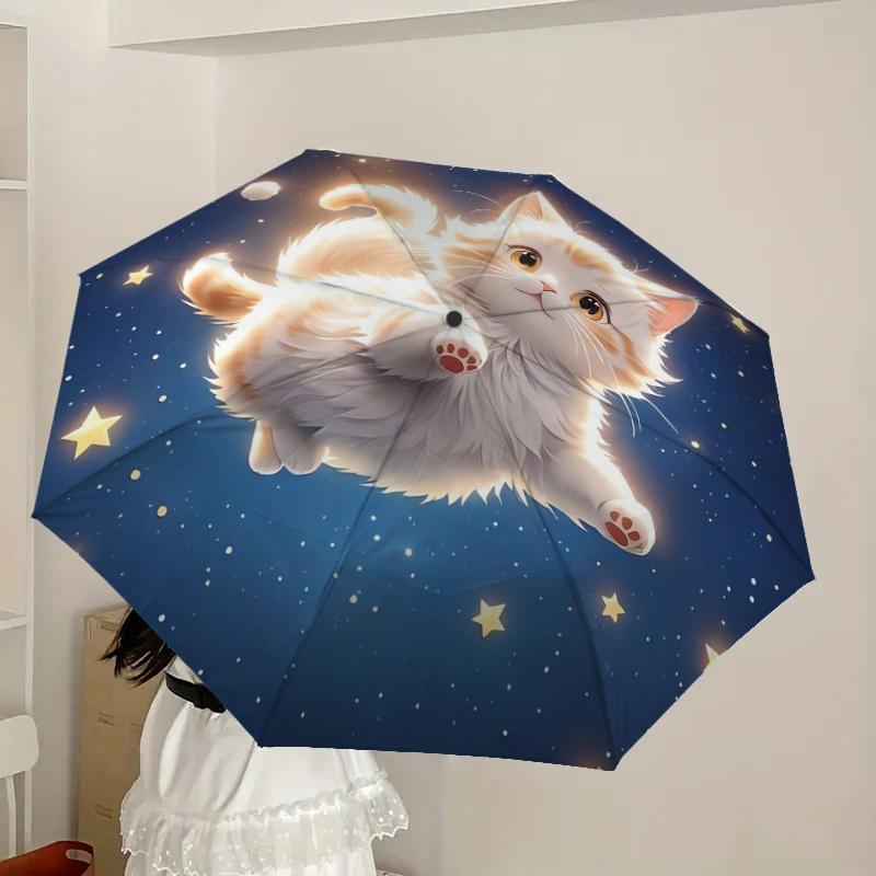 1pc Starry Night Kitten Umbrella with Plastic Handle,Suitable for All Seasons Home Travel Outdoor UmbrellaDD445