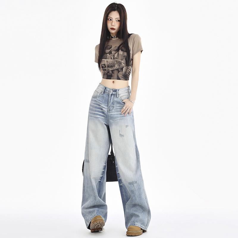 Fire Sesonger Brukbare Amerikansk Distressed Vasket Ned Stil Lys Fargegradient Riper Retro Polert Hvit Vidde Jeans For Kvinner