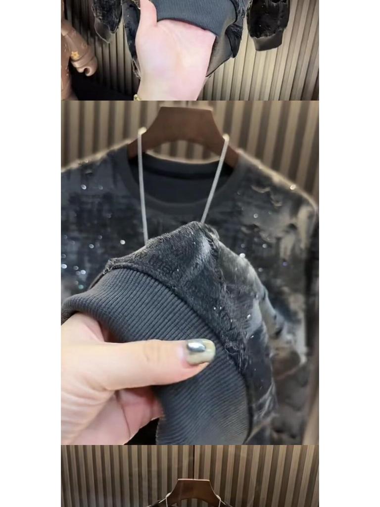 Trendiger Herren-Langarm-Hoodie 2025 mit Sternendesign, luxuriösem Rundhalsausschnitt und stylischen Ripped-Details