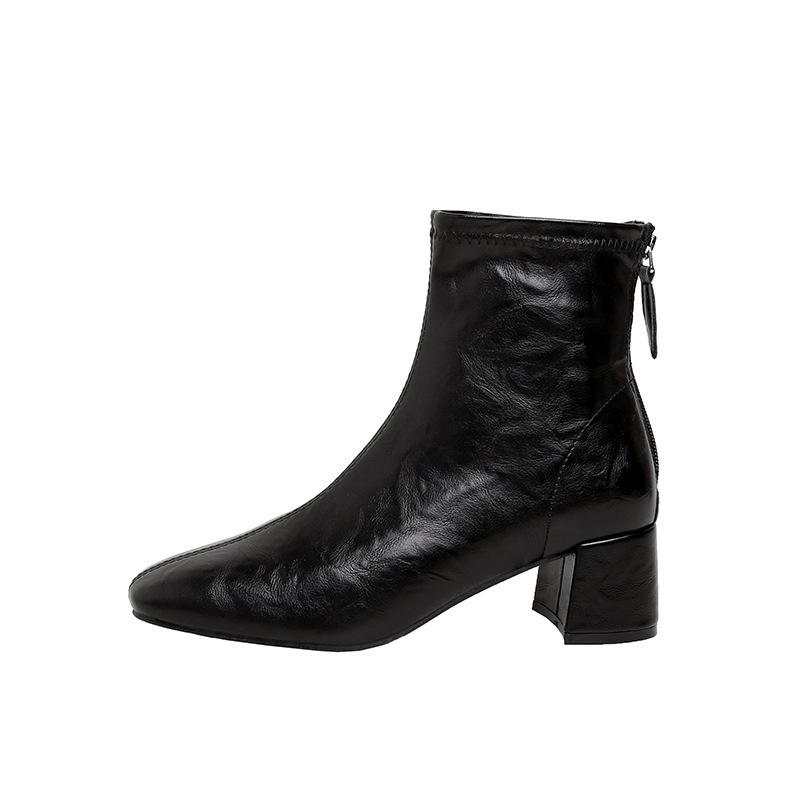 Autumn And Winter New Soft Leather French Square Head Thin Boots Women'S Versatile Korean Thick High Heel Bare Boots Martin Boots Retro Short Boots