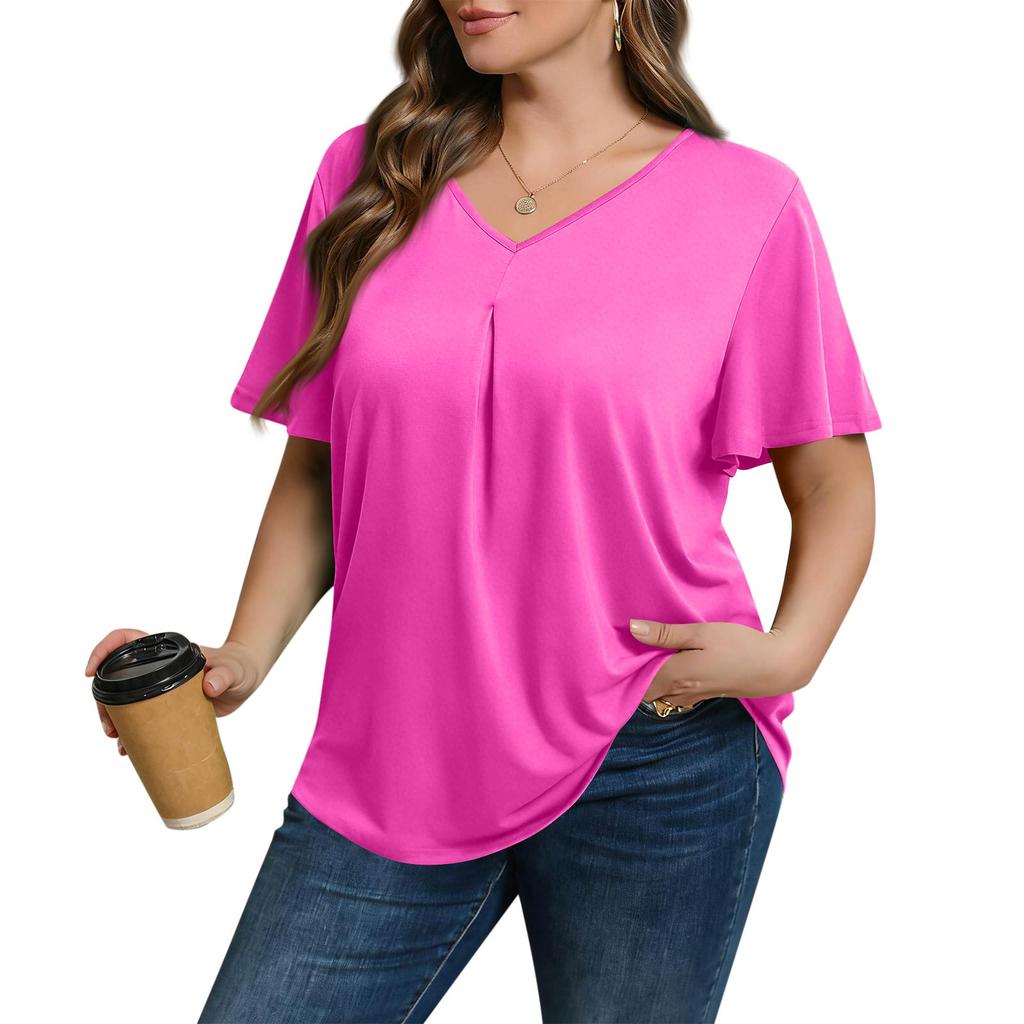 Women's Plus Size Fashionable Casual Loose-Fit Short Sleeve Elegant V Neck Blouse For Work