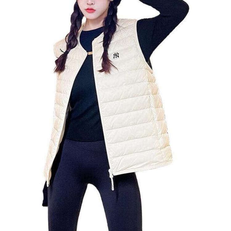 MLB FW23 New York Yankees Letter Patch Pattern Zipper Down Vest Unisex Vest Beige 3ADVB0426-50CRS