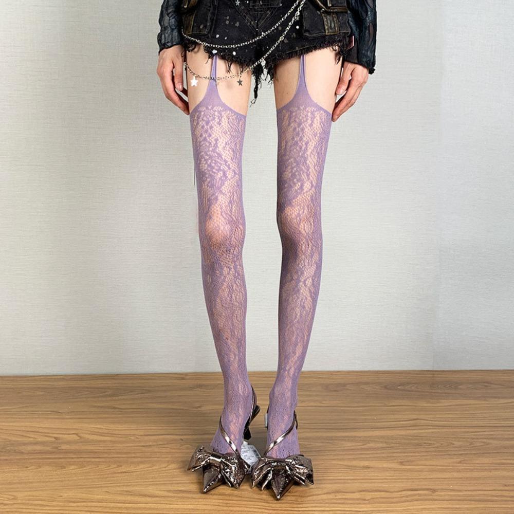 Lace Flower Mesh Pantyhose Hollow Out Fishnet Tights Sexy Suspender Stockings  Night Club фиолетовый