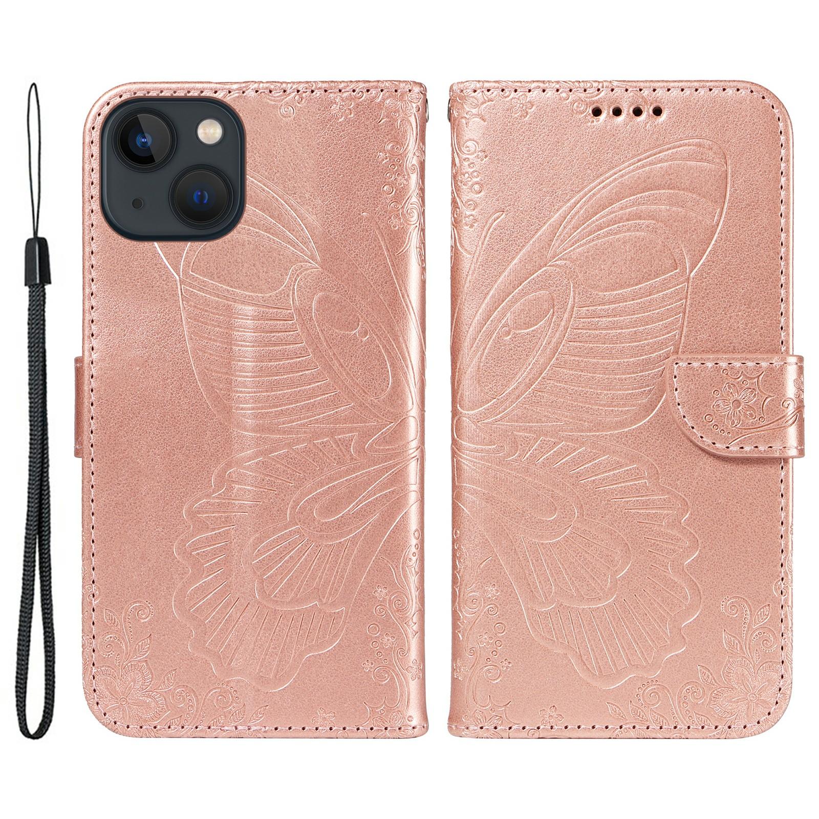 

For iPhone 14 Case Butterfly Pattern Leather Phone Cover with Wallet Stand Rose Gold