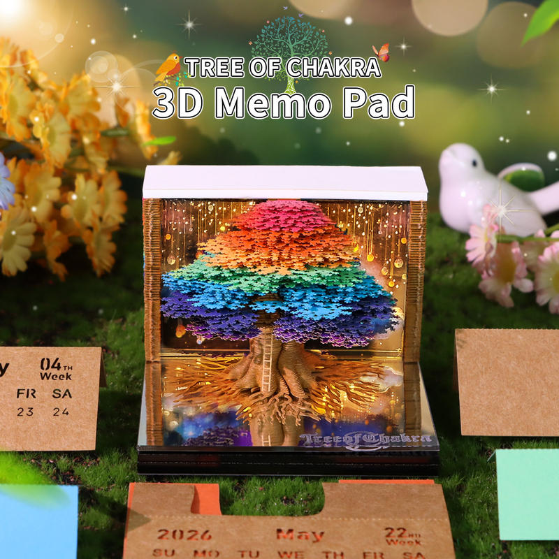 3D Chakra Tree Memo Pad, Rainbow Tree of Life Paper Craft Sticky Notes Cube with LED Light, Unique Office Gift