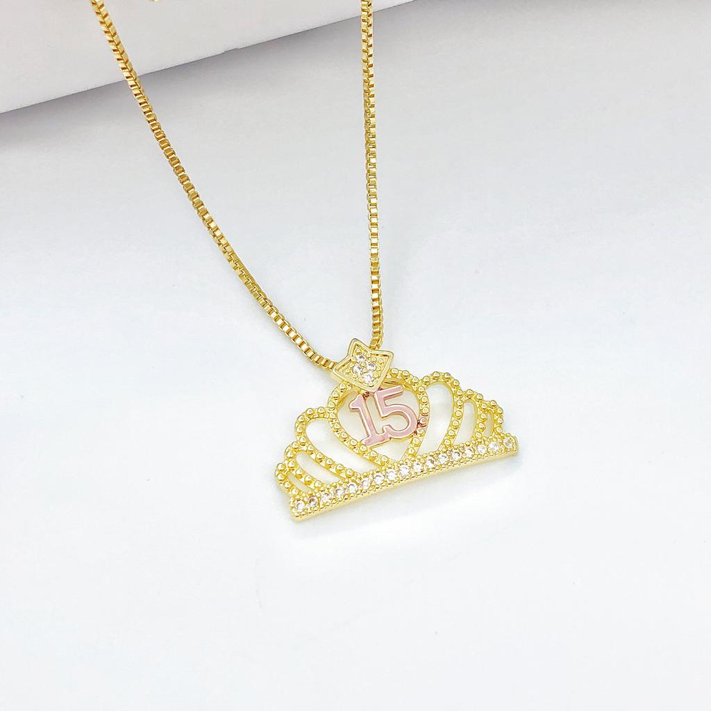 10-Style Gold-Plated Shiny Zircon Crown 15th Birthday Pendant Necklace Classic for Girls' Party Vacation Jewelry Birthday Gift