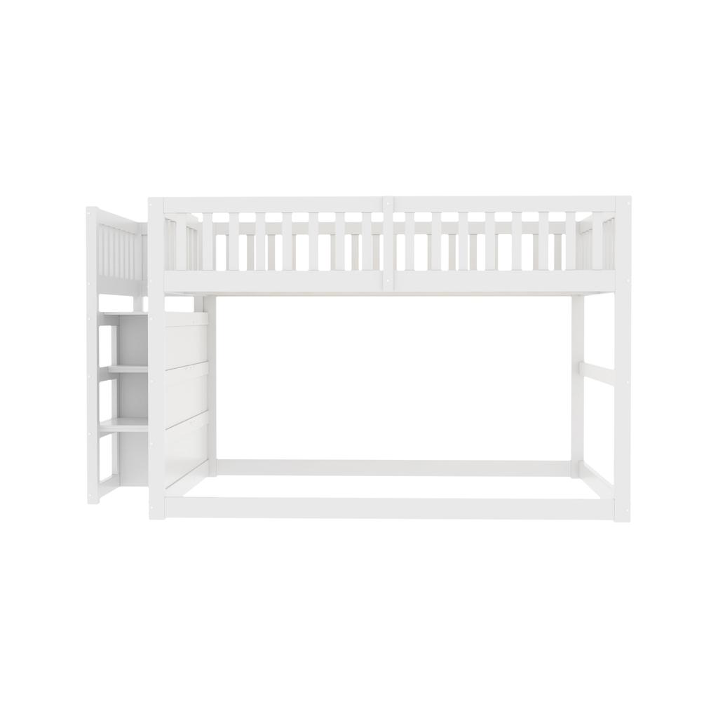 Low Bunk Bed 140 X 200 Cm, Safety Bunk Bed with Storage Compartment, High Fence Design, Wooden Bed, White