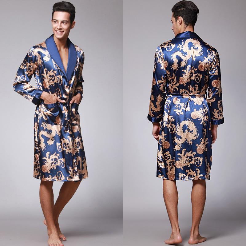 Yaoting Men's Long Sleeve Silk Pajamas and Bathrobe Set, Ice Silk Loungewear