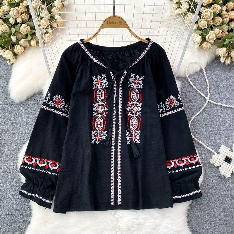 

Ethnic Style round Neck Loose Pullover Cotton and Linen Leisure Artistic Black One size