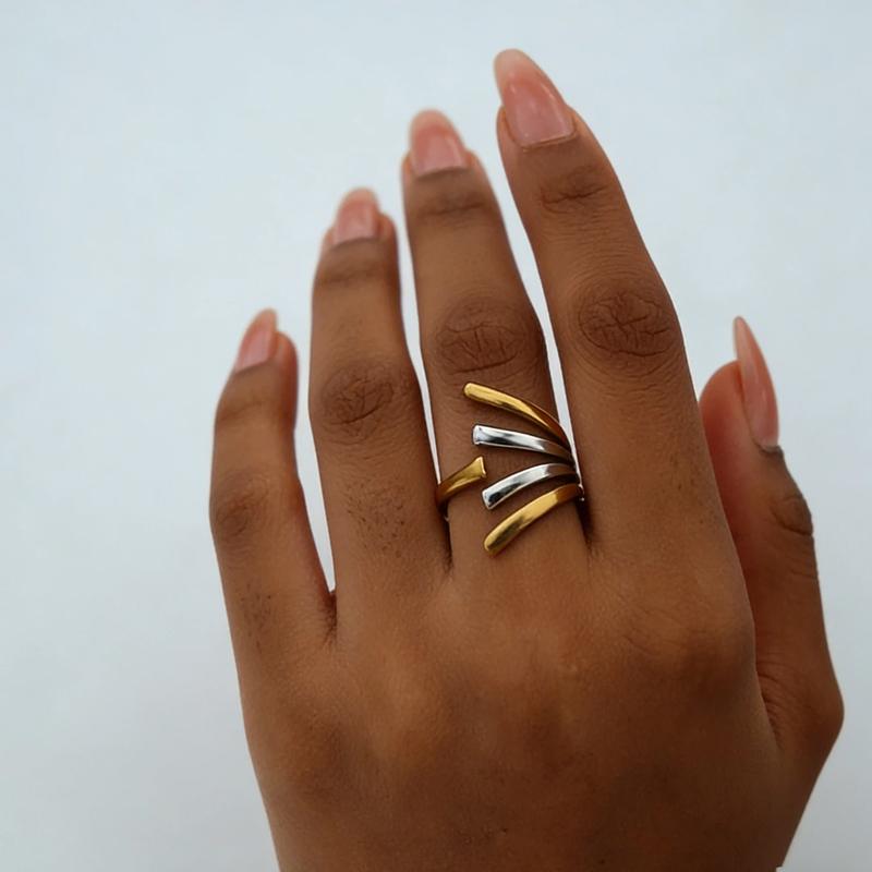Stainless Steel Multi-Layer Irregular Line Adjustable Ring for Women Minimalist Metal Three Ring Hollow Rings Neo-Gothic Jewelry