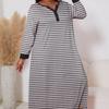 Wiosna jesień Plus Size XL-5XL szary w paski drukowany długi rękaw damska koszula nocna seksowny dekolt w serek oversize odzież do spania damska odzież nocna odzież domowa