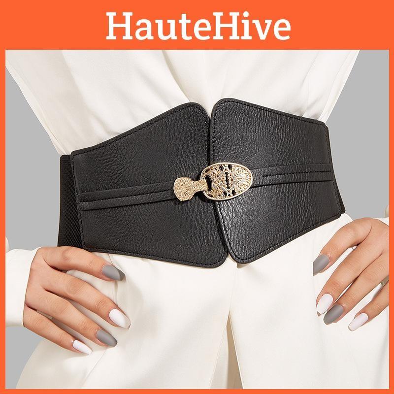 Gold Fashion Buckle Decoration Women Casual Black Faux Leather Belt Daily For