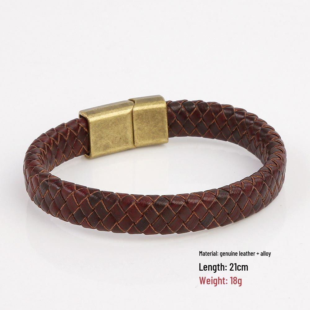 Men's Genuine Leather Woven Bracelet with Alloy Magnetic Buckle