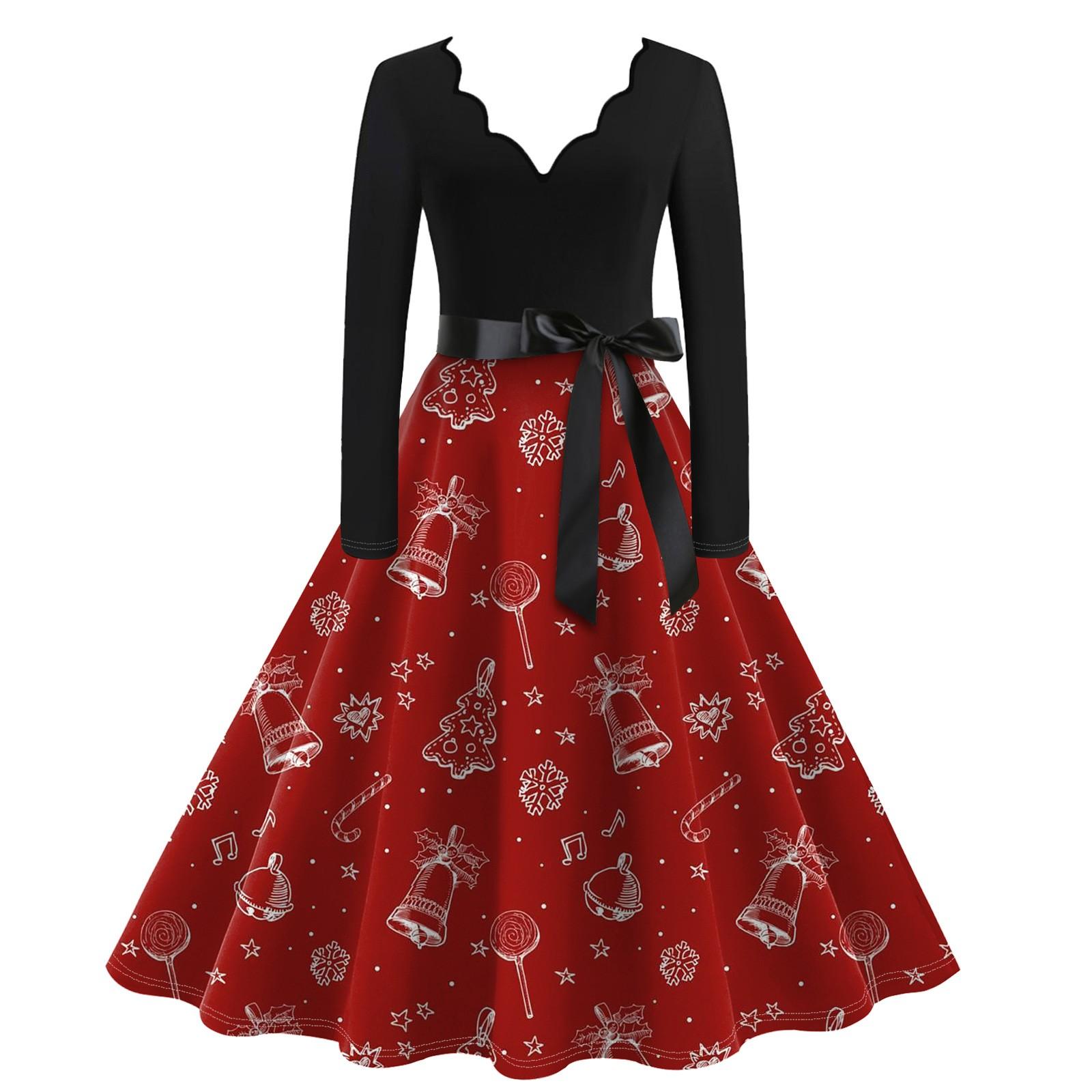 Женское повседневное модное винтажное платье с V-образным вырезом и длинным рукавом — фото 6