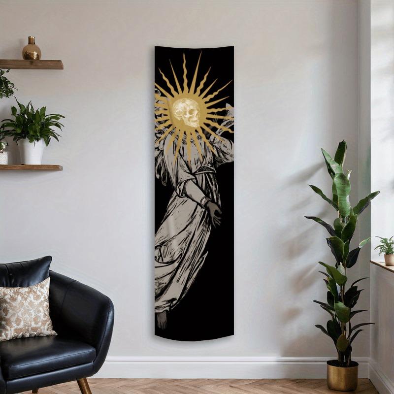 Skull Angel Sunburst Long Tapestry, Black Gold Gothic Print Wall Hanging, Occult Dark Academia Themed Decor For Bedroom & Living