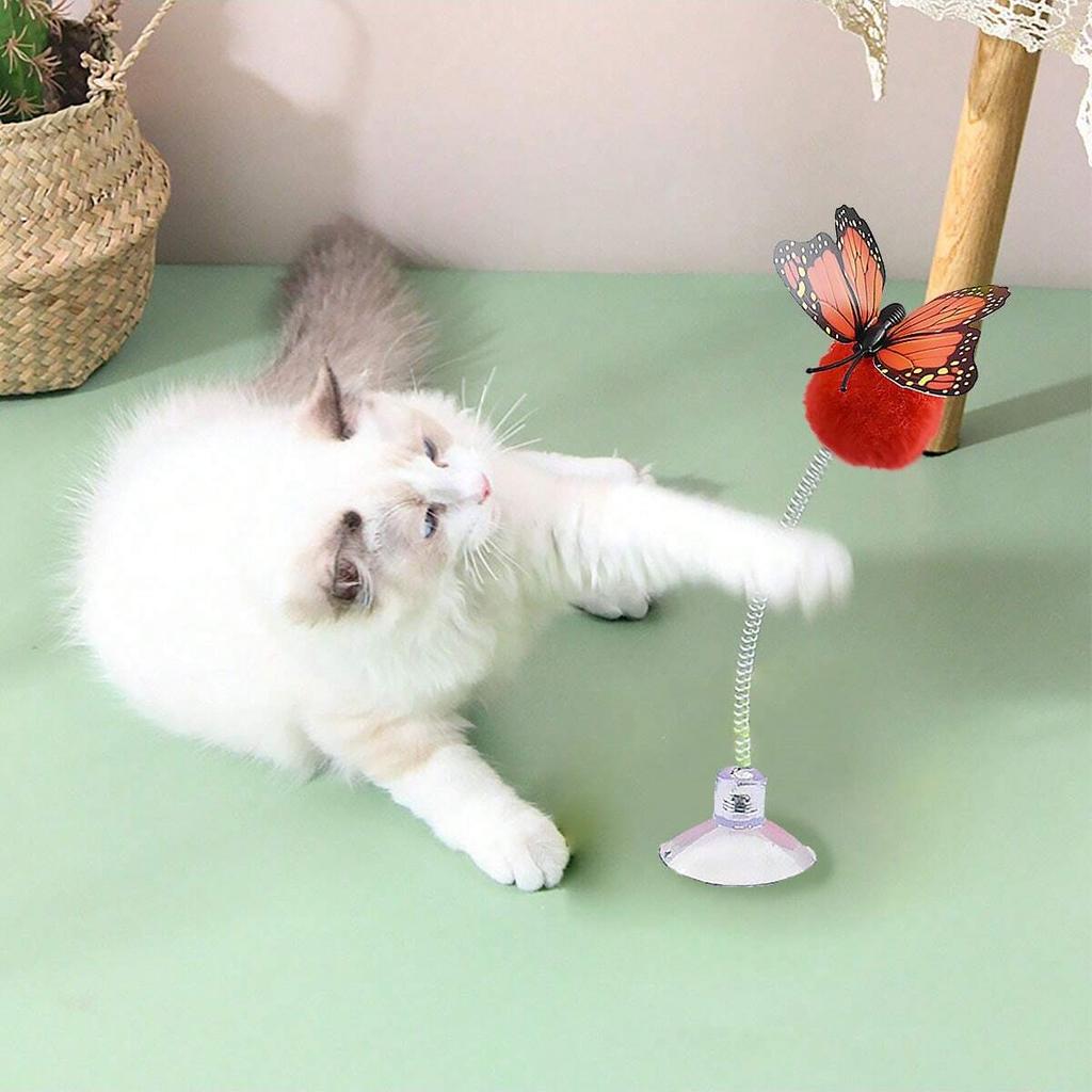 1pc-A mixed cat teaser stick with suction cup base, a spring swinging plush toy for interactive games