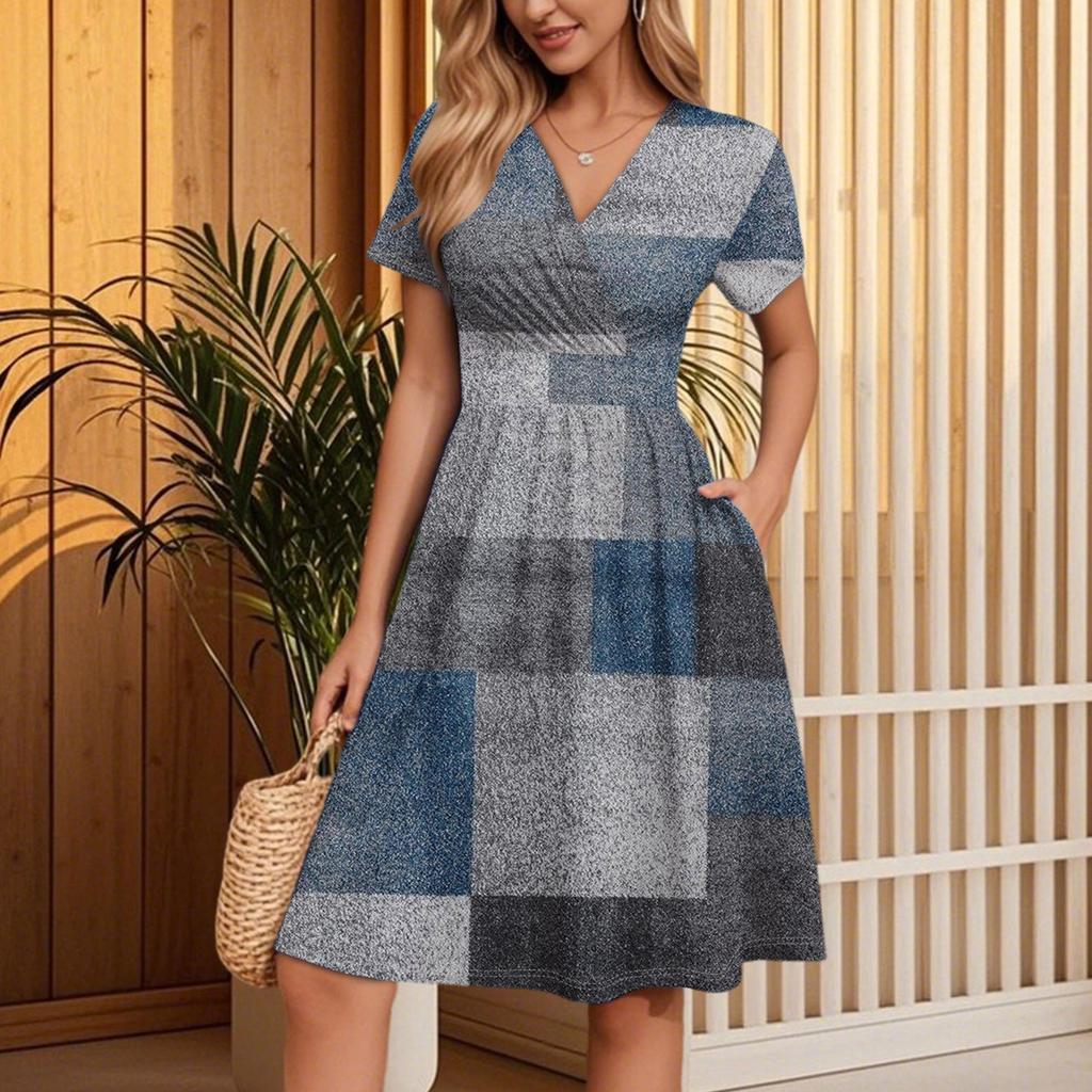 Women's Dress Is Elegant And Casual, Featuring A Colorful Printed V-neck Short-sleeved Dress