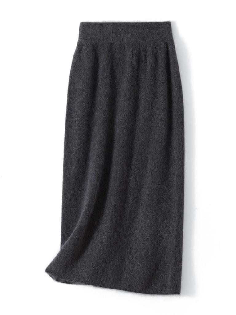 Cashmere Wool Flocked Knee-Length Pencil Skirt for Women - Autumn/Winter Collection