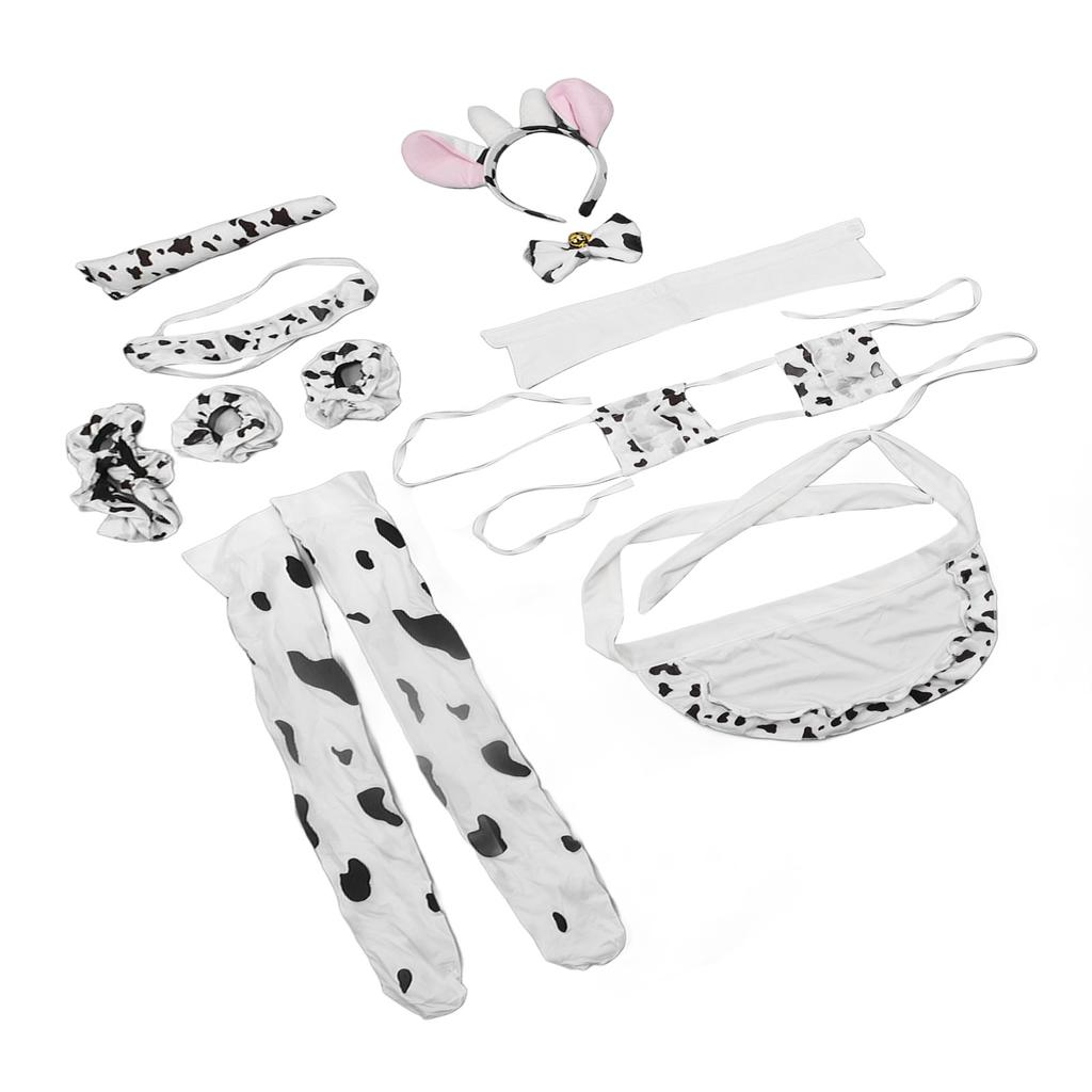 Damen Cosplay Set Niedlicher Kuh-Stil Rollenspiel Uniform Kopfbedeckung Unterwäsche Taillenband Schürze Bekleidungsset Weiß Einheitsgröße