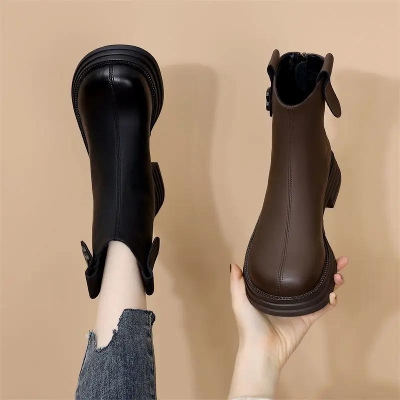 Female Short Shoes Platform Women's Ankle Boots Chelsea Brown Booties Round Toe Fur Leather Chunky Y2k New In Boot Goth Footwear