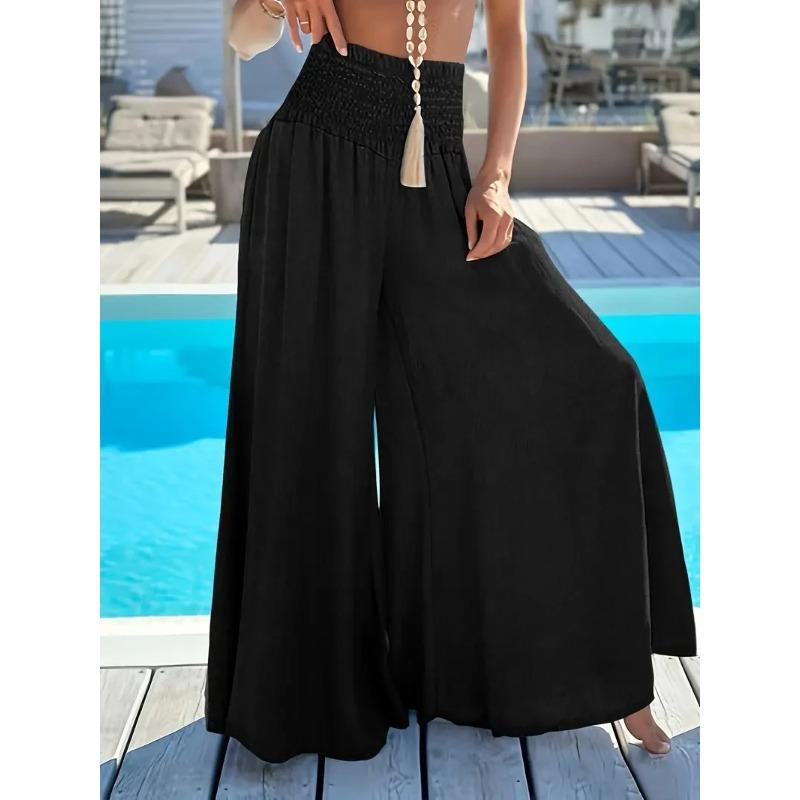 Spring Summer Solid Color High Waisted Ice Silk Trousers Casual Versatile Elastic Pocket Wide Leg Pant
