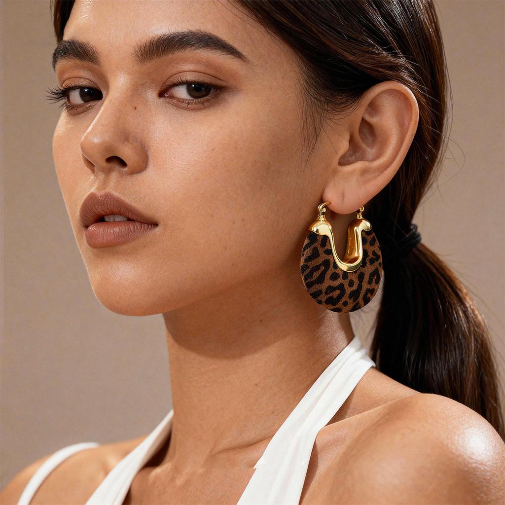 Autumn and Winter Flocking Leopard Print Geometric Round Water Drop U-shaped Ear Buckle Maillard Earrings