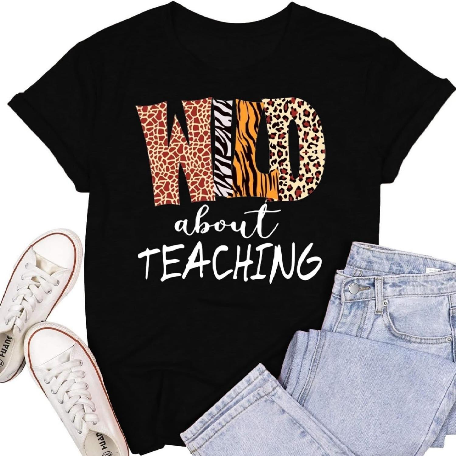 Womens Teacher Shirts Wild About Teaching Leopard Print T-Shirt Teacher Life Tee Top Black S чёрный