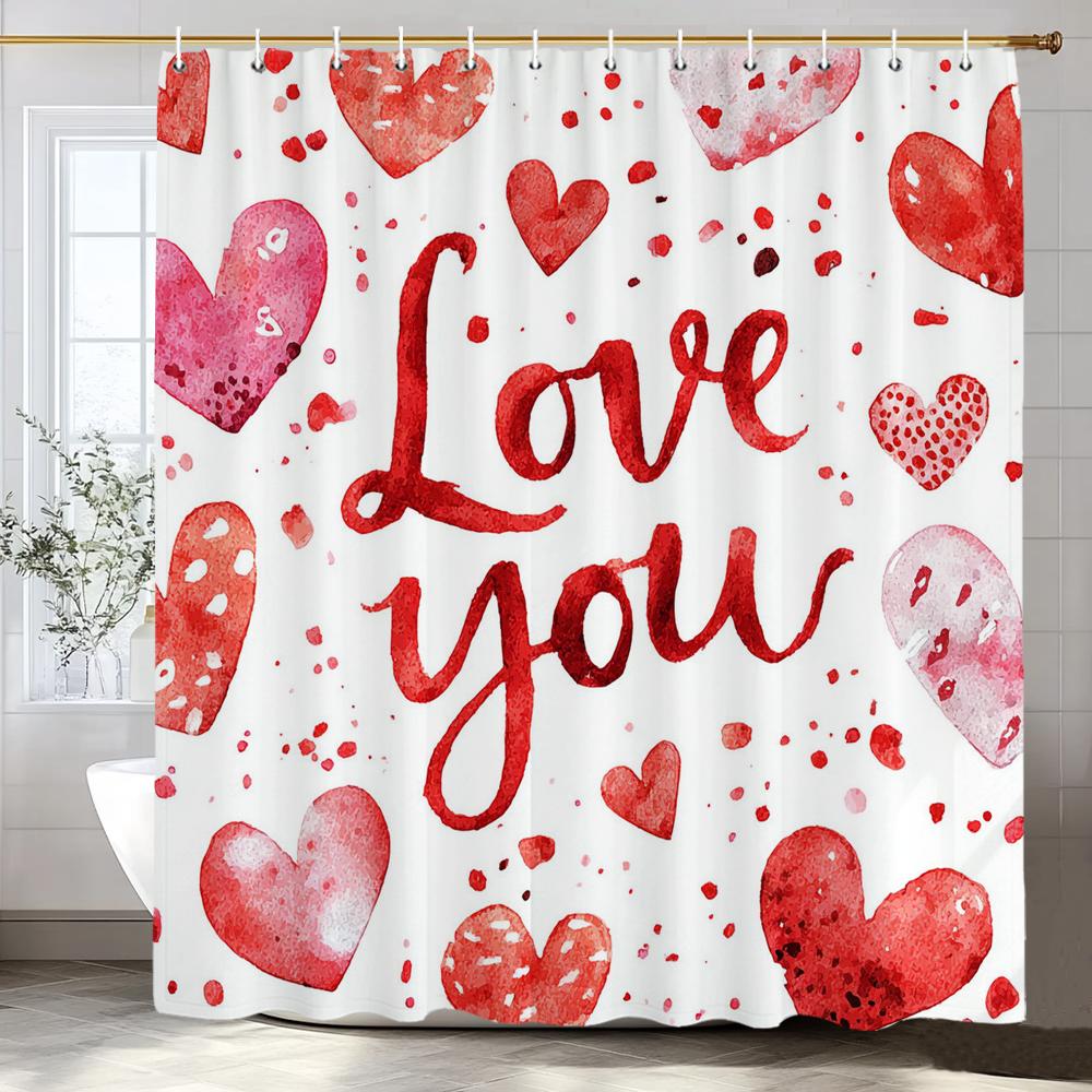 Modern heart-shaped Red Love Pattern Shower Curtain, Bathroom Decorative Shower Curtain, Waterproof Shower Curtain with Hooks