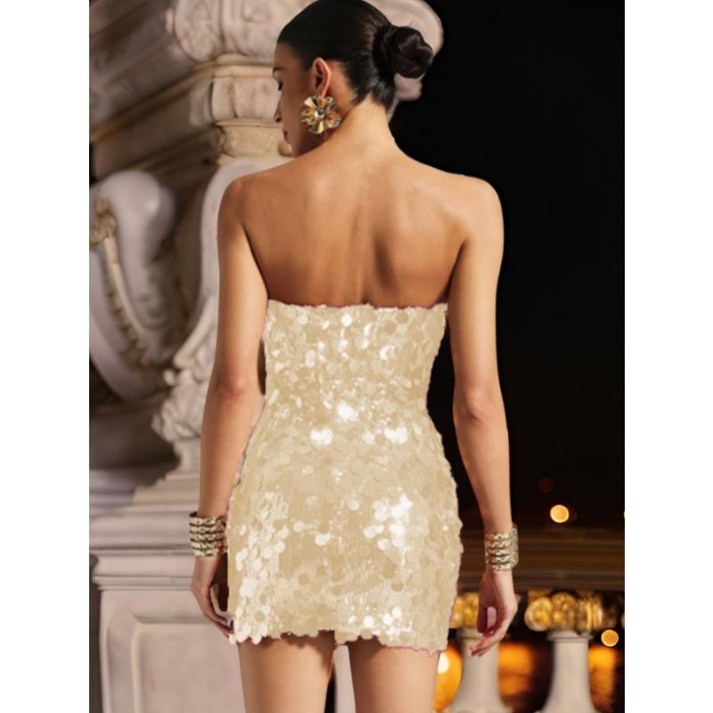 Gold Sequin Strapless Mini Dress Large Paillette Backless Bodycon Short Gown Sexy Metallic Tube Top Sleeveless Nightclub Party Cocktail Evening Dress