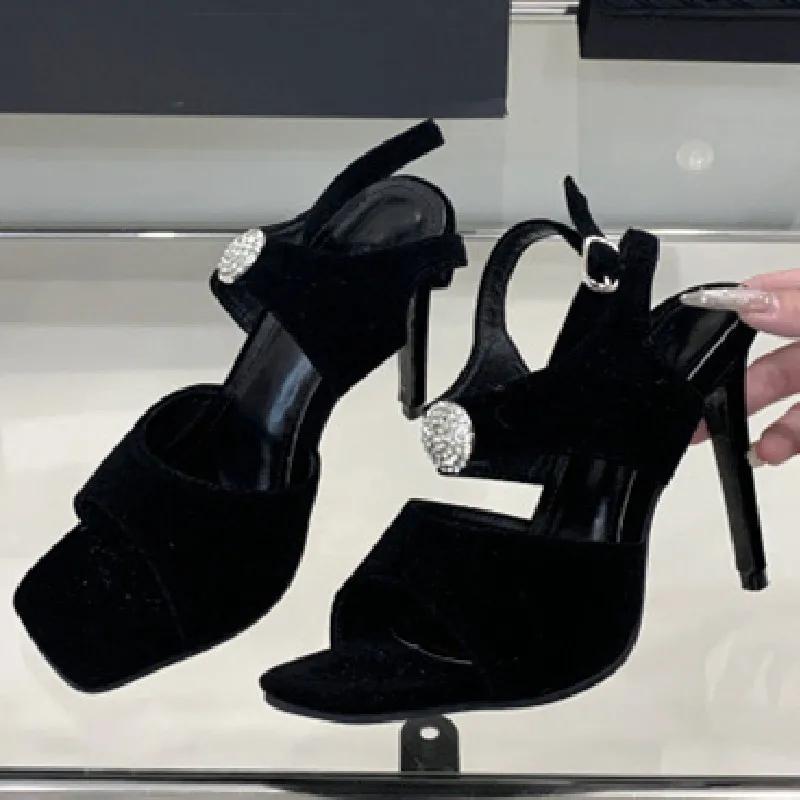 

Faux Suede Metal Buckle Design Women High Heel Sandals Summer Ankle Strap Slingback Heels Elegant Party Luxury Shoes for Ladies 35 чёрный