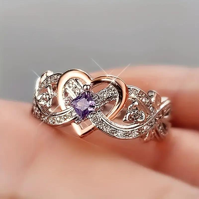 Jewelry Fashion Rose Princess Square Diamond Two-Color Heart Zircon Engagement Ring Manufacturer