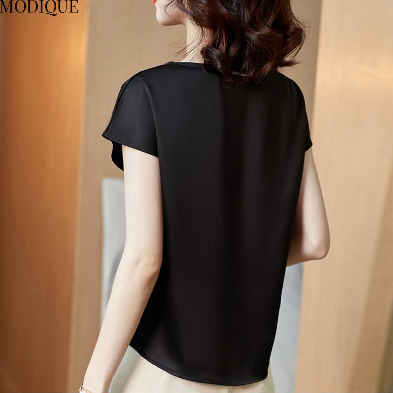 MODIQUE Sommer Übergröße Neu Damen Lässig Einfarbig Maulbeerseide Satin Basis T-Shirt Damen Minimalistisch Kurzarm O-Ausschnitt Top