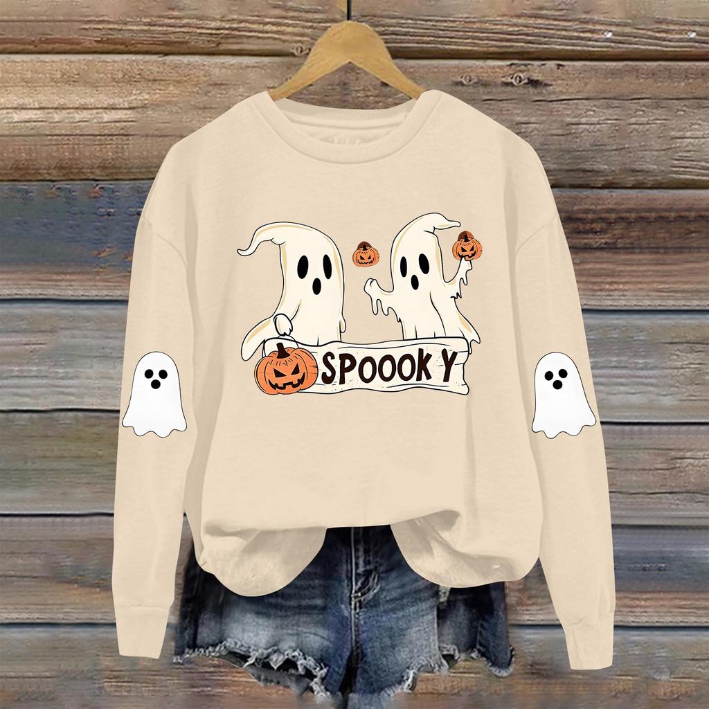 Dame Moteable Casual Langermet Halloween Trykket Rundhals Topp