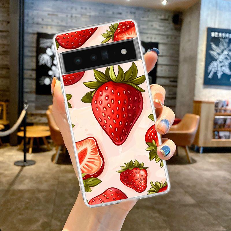 For Google Pixel 10 Pro Clear Phone Case Pixel 9 Pro XL Pixel 8 Pro 9A 8A 7A 7 6A 6 Pro Cover Summer Strawberry Flowers Print