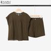 ZANZEA Women Short Sleeve Blouse and Shorts Casual Plaid Print Two Piece Sets