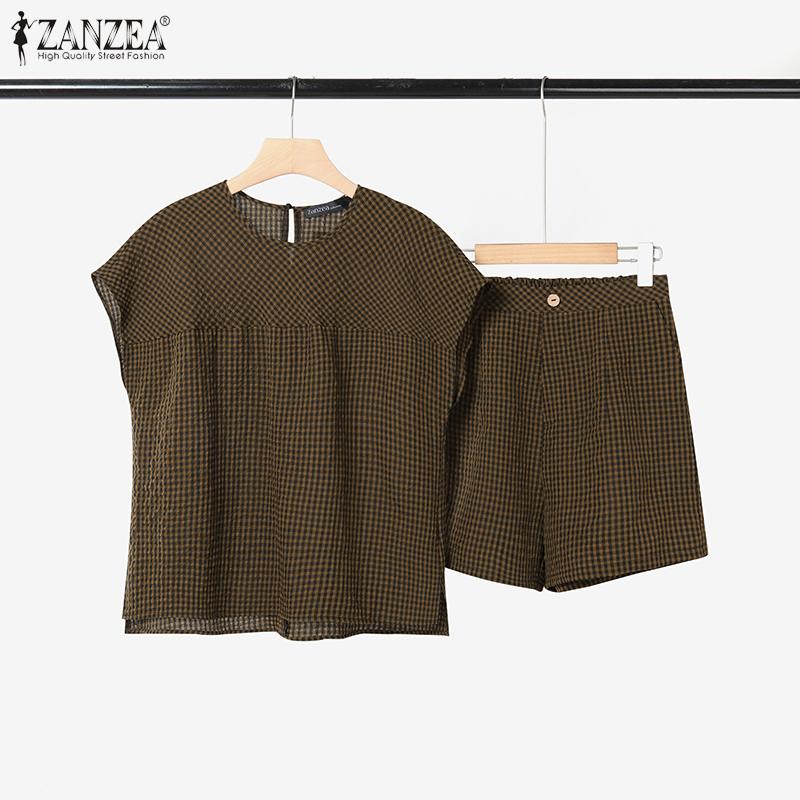 ZANZEA Women Short Sleeve Blouse and Shorts Casual Plaid Print Two Piece Sets