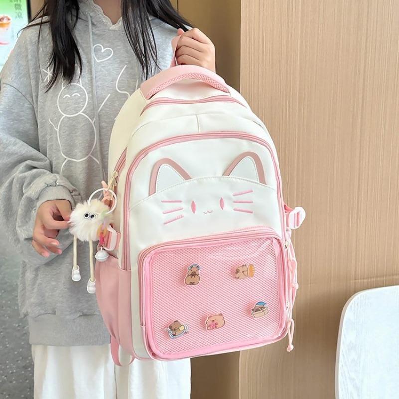 Japanese Ins Cute Cat Backpack Female Transparent Bar Pain Bag New Large-capacity Schoolbag Middle School Student Backpack