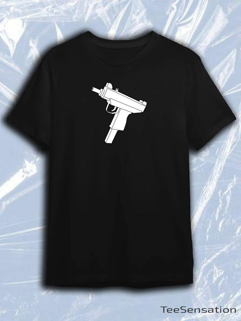 TeeSensation Black Crew Neck Short Sleeve T-Shirt with White Uzi Submachine Gun Outline