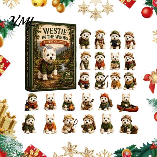Holiday Collectible Mini Figures Westie in The Woods Advent Calendar, 24-Day Christmas Countdown Surprise Daily Gift Box Dog Figure Set, West Highland