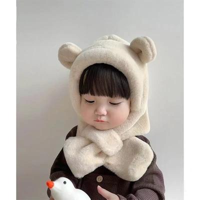 Winter Baby Hat One-Piece Faux Fur Kids Hat Hooded Scarf Bear Ears Warm Neck Ear Cap for Girls Boys Windproof Beanies Infant Cap