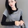 Plus Size Patchwork Faux Layer Long-Sleeve T-Shirt for Women, Slimming and Versatile Autumn Style.