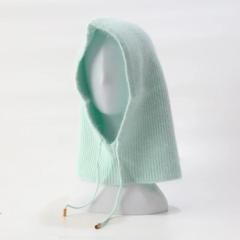 Rabbit Fur Knitted Scarf Hood Hat Women Beanies Warm Winter Unisex  Balaclava Skiing Outdoor Bonnet Thick Earflap Hat