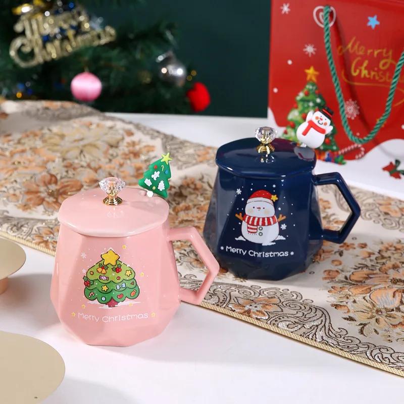 Weihnachtsgeschenk Cartoon Keramiktasse Löffel mit Deckel Diamant Kreative Tasse Geschenkset Begleitgeschenk Hohes Erscheinungsbild Keramiktasse