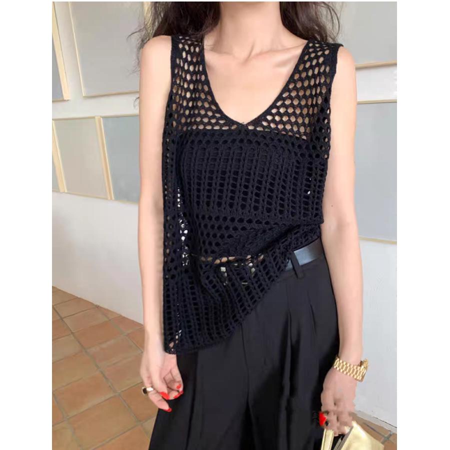 summer Lady sexy Hollow Out Mesh Pullover beach t-shirt Women's Knitted Sweaters See Through casual sleeveless irregular Tops