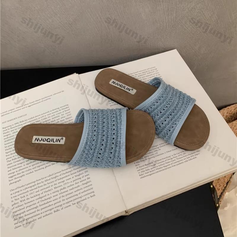 Fashion Women Sandals 2025 Summer Vintage Weave One Word Flat Slippers Fashion Outdoor Lightweight Comfortable Soft Sole Casual Shoes