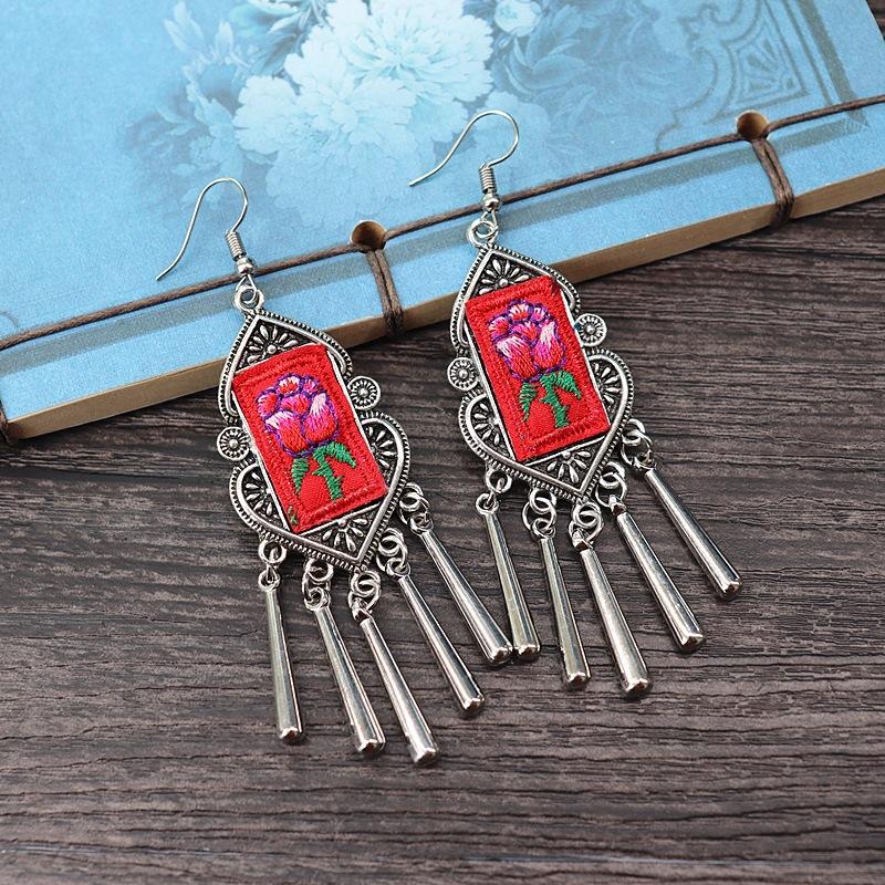 Retro hand-embroidered fabric earrings female long flower fringed versatile temperament performance earrings earrings