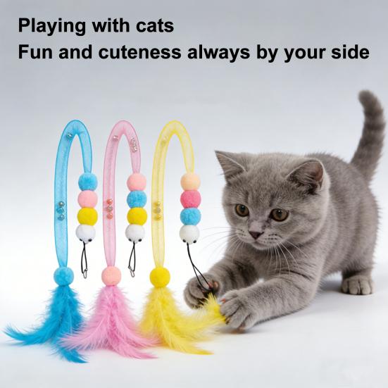 Cat Wand Toy Replacement Cute Caterpillar with Colorful Plush Balls And Feathers Elastic Net Tube Cat Toy Accessory for Kittens Interactive Wand