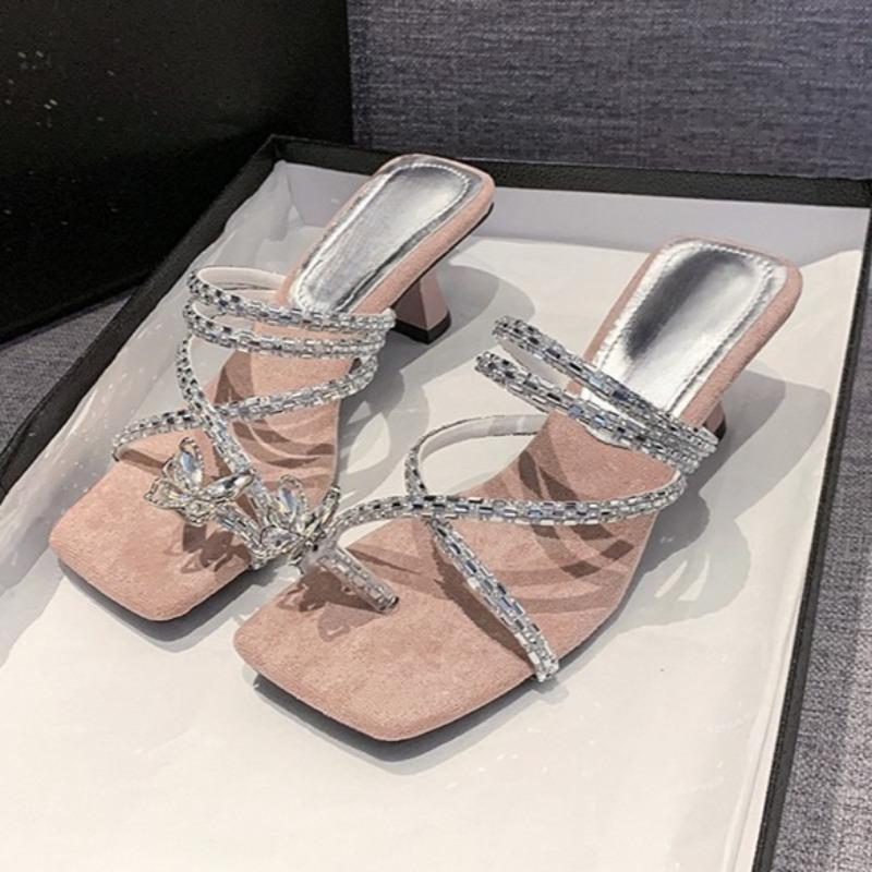 Nuove Mezzetoffe con Fiocco di Strass Fatina Punta del Piede Aperta Quadrata Antiscivolo Tacco Sottile Infradito per Donna