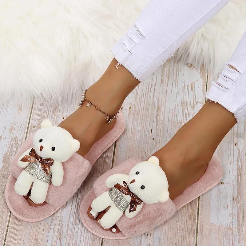 Fashion 2025 Fashion Women Winter House Furry Slippers Cute Bear Decoration Women's Slippers Soft Bottom Indoor Home Slides Mujer
